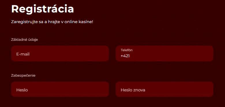 registračný formulár kasína eurogold